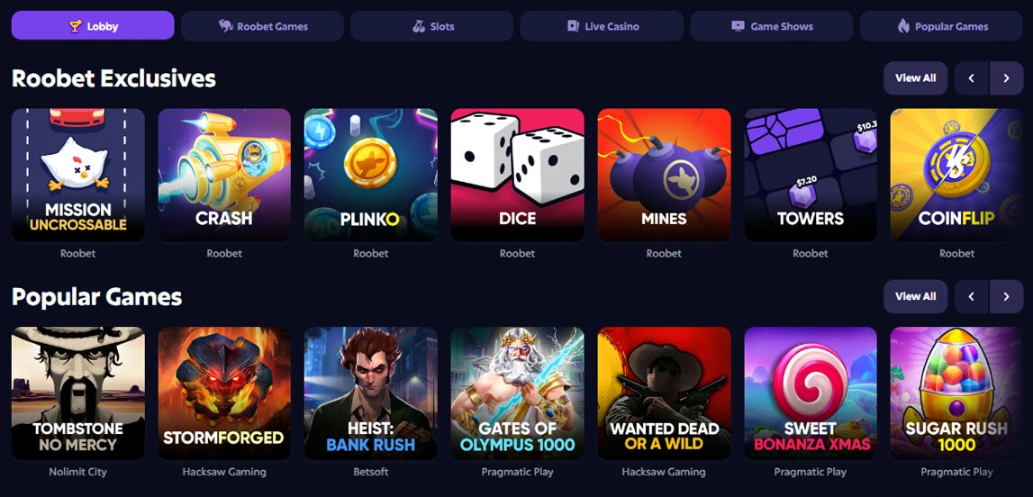 Roobet Casino Section Slots and Games