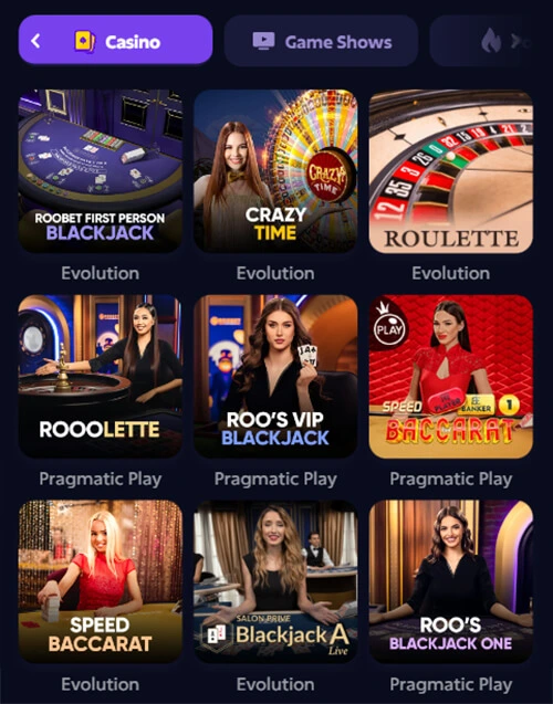 Roobet Live Casino Games